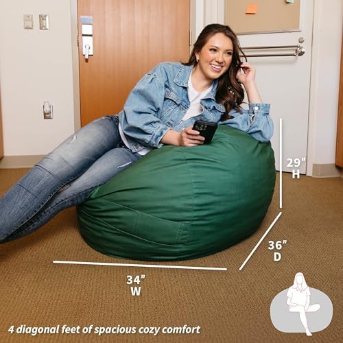 Big Joe Fuf 4Ft Foam Bean Bag Chair with Removable Cover for Kids, Teens, Collegiate Green Velveteen, Durable Woven Polyester, 4 Foot Large Reading and Gaming Seat