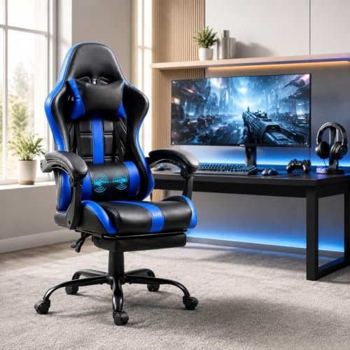 Gaming Chair with Ergonomic Footrest & Massage Lumbar Support, Blue
