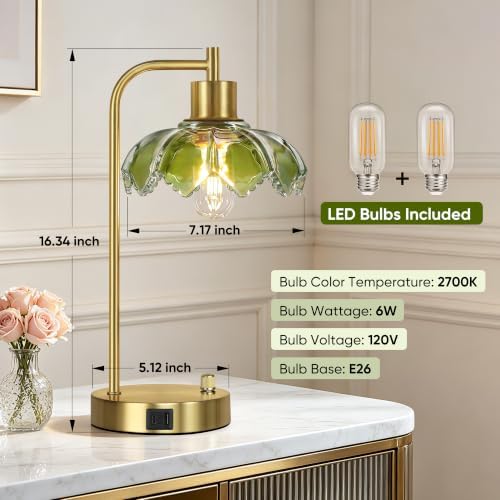 Glass Table Lamps Set of 2, Green Dimmable Bedside Lamps for Living Room