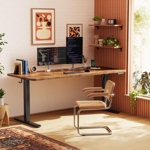 Huuger 63 X 24 Inch Electric Standing Desk with Power Outlets and USB-C Port, Height Adjustable Desk, Sit Stand Desk for Home Office, Computer & Gaming Desk, Stable Steel Frame, Rustic Brown