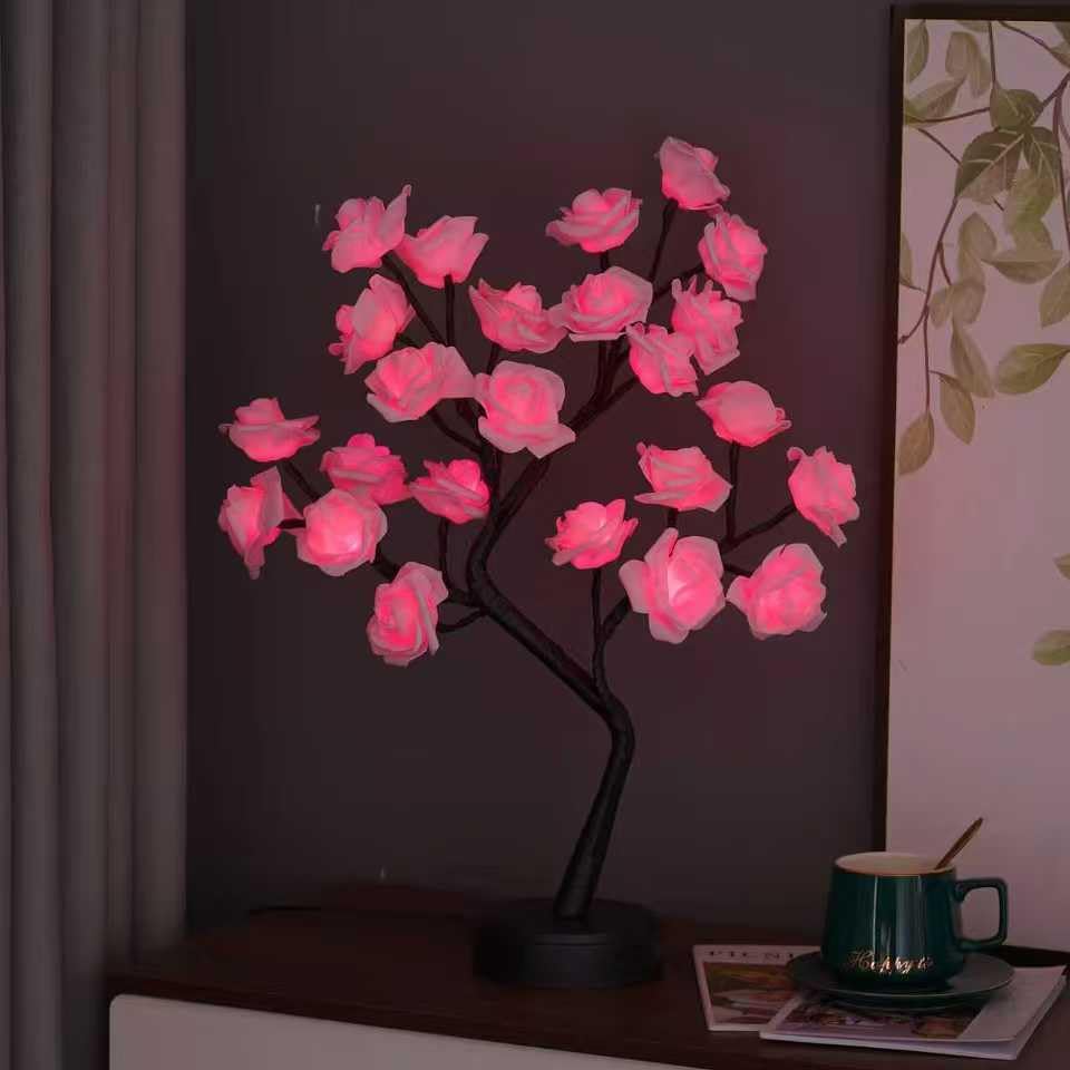 Rose Tree Lamp Flower Light with Pink Beads