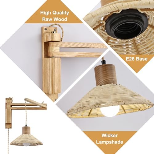 maesta Plug in Wall Lamp, Beachy Wood Swing Arm Wall Sconce for Bedroom
