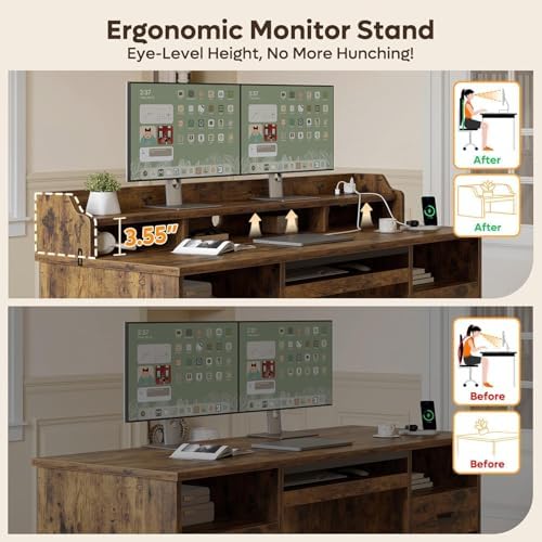 Bestier 59" Executive Desk with Charging Station & Monitor Stand, Brown