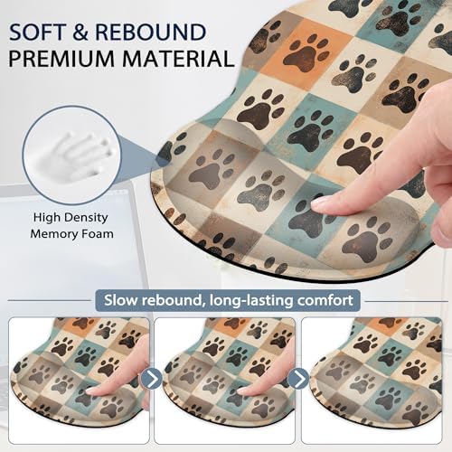 Cute Paw Print Ergonomic Memory Foam Wrist Rest Set for Keyboard and Mouse,Vintage Supportive Mouse Pad with Non Slip Base for Office Work and Gaming