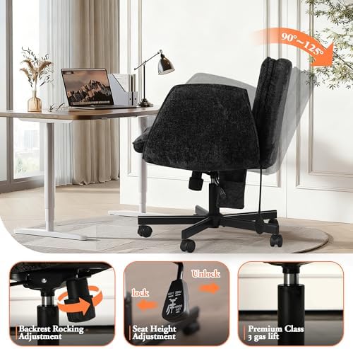 Criss Cross Chair with Lumbar Airbag & Folding Arms Relieve Back Pain, Wide Cross Legged Office Chair for Home Office, Comfy Swivel Desk Chair with Wheels, 5 Level Adjustable Armrest, Chenille(Black)