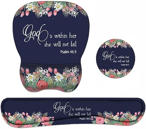 Ergonomic Mouse Pad Wrist Support and Keyboard Wrist Rest Set with Coasters, Non-Slip PU Base, Easy Typing & Pain Relief, Perfect for Home Office Working Studying, Floral Quote Bible Verse Psalm 46:5