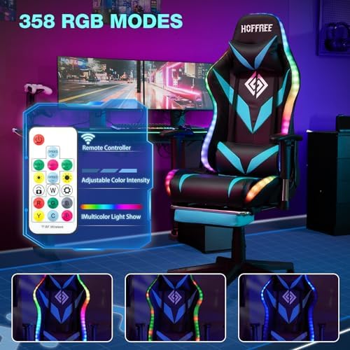 Led Gaming Chair with Speakers Massage 165° Reclining Computer Chairs-Blue