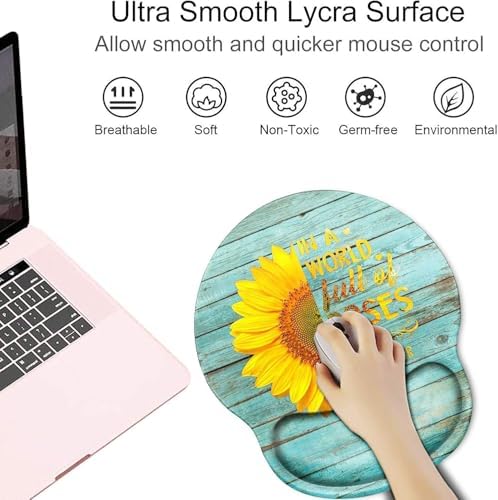 Ergonomic Mouse Pad with Wrist Support Teal Sunflower Mousepad Wrist Rest for Pad Gel Carpal Tunnel Relieves Pain Mouse Mat with Coaster for Computer Girl Work