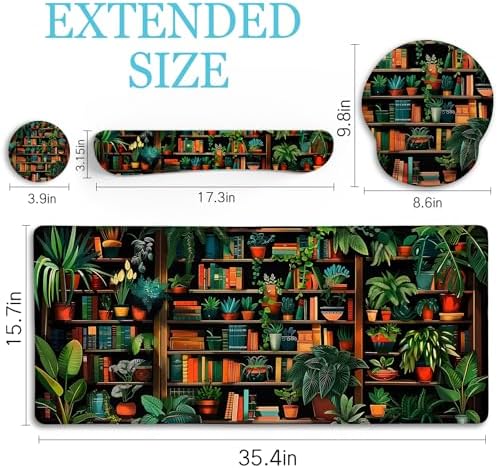 LIMKRIAN Bookshelf Mouse Pad with Wrist Rest, Plant Desk Mat Set Decor