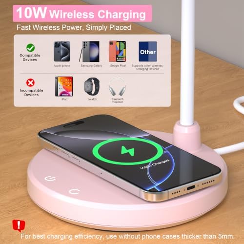 LED Desk Lamp for Home Office with Wireless Charger, Pink