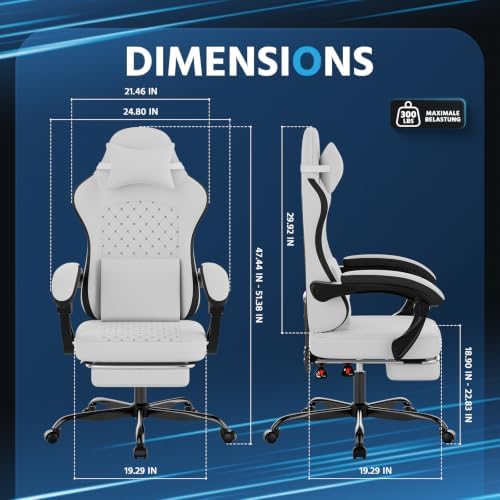 Video Gaming Chair Ergonomic Computer Chairs Gamer Chairs for Adults Massage Lumbar Support Swivel Height Adjustable Headrest Backrest White