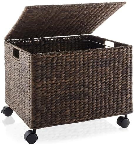 Casafield Rolling Filing Cabinet, Espresso Dark Brown - Water Hyacinth File Organizer with Lid and Wheels, Home Office Storage for Hanging Folders