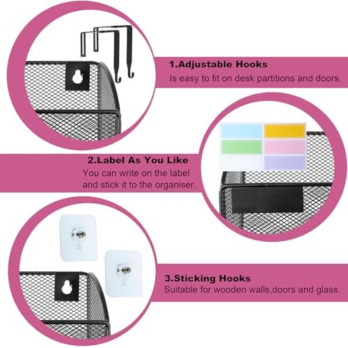 1 Pocket Mesh Wall File Holder Organizer Office Hanging File Folder Magazine Rack, Nametag Label Hooks Set Included (Black)