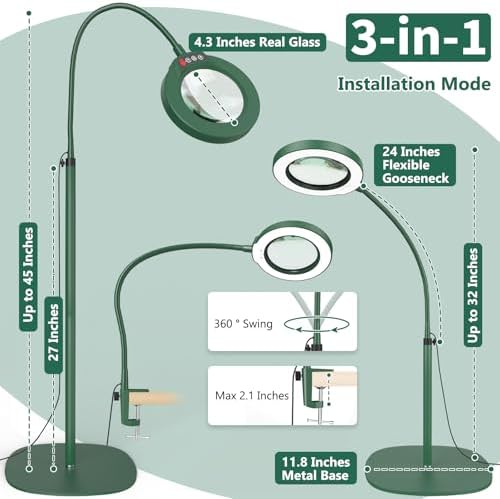 15X Magnifying Glass with Light and Stand, Optical Grade Real Glass Lens, 5 Color Modes, Stepless Dimmable, 24" Flexible Gooseneck 3-in-1 Floor Lamp, LED Lighted Magnifier Hands Free for Hobby - Green