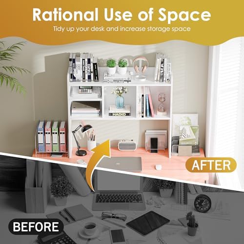 SUPER DEAL Desktop Bookshelf, Countertop Storage Hutch with 4 Shelves for Computer Desk, 2-Tier Display Rack, Multipurpose Wood Desk Hutch Storage Organizer for Home Office Dorm, White