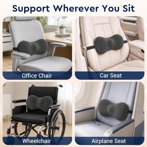 Lumbar Support Pillow for Office Chair, Lower Back Pillow with Strap, Gray