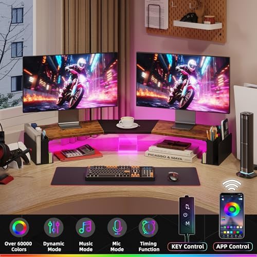 WESTREE Dual Monitor Stand Riser with Storage, Computer Monitor Riser with Adjustable Angle and LED, Desktop Monitor Stand Organizer for Computer, Laptop, Printer