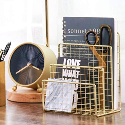3 Slots Letter Holder, Metal Multifunctional File Holder for Mails, Books, Brochures and Postcards, Desktop Office Organizer Decoration, 5.6” x 3.7” x 7.0”, Gold