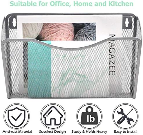 EASEPRES 3 Single Pocket Mesh Hanging File Organizer, Vertical Wall Mounted Magazine File Holder, Mount Basket Mail Paper Document Folder Organizing for Office, Home and School, Silver