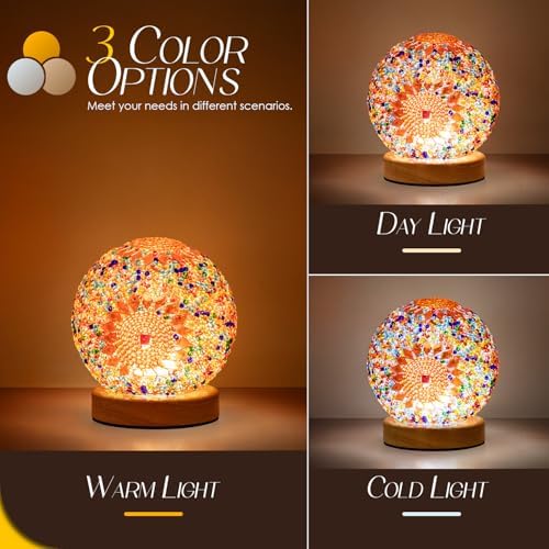 Turkish Mosaic Lamp, 3 Color Temperature Tiffany Bedside Lamp with USB Power, Moroccan Glass Lantern Table Lamp for Living Room Decor, Simple Control (D:4.7" x H:5.2") (Orange1)