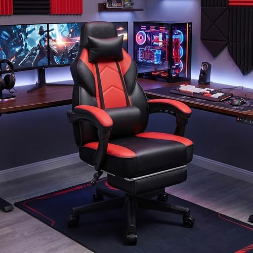 Gaming Chair for Adults, Video Game Chair with Footrest, Big and Tall Gaming Chair Heavy Duty Computer Chair with Massage Lumbar, Ergonomic Adjustable Height and 360° Swivel Seat, PU Leather, Red