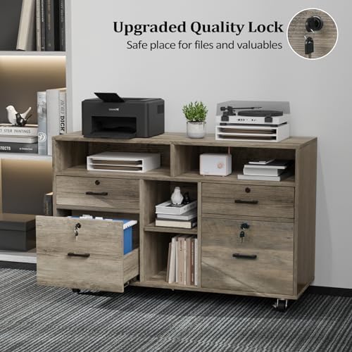 VINGLI Wide 4 Drawer File Cabinet with Lock, Rustic Grey Rolling File Cabinet with Open Shelves, Lockable Printer Stand, Letter Sized