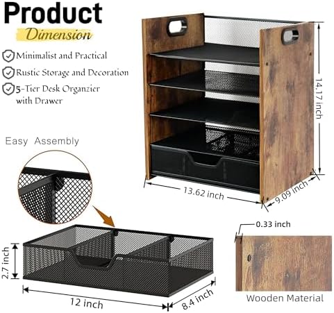 Desk Organizer, 5-Tier Desktop File Organizer with Drawer, Wooden Paper Tray Organizer, Office Desk Organzier and Accessories for Papers, Mail, Notebooks, Stationery