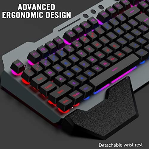 Wireless Gaming Keyboard and Mouse Combo,Rainbow LED Backlit Keyboard with Rechargeable 3800mAh Battery Metal Panel,Removable Wrist Rest Mechanical Feel and 7 Color Mute Gaming Mice for PC PS4 PS5
