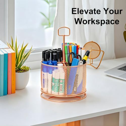 360 Degree Rotating Pen Holder for Desk (Rose Gold, with Handle)
