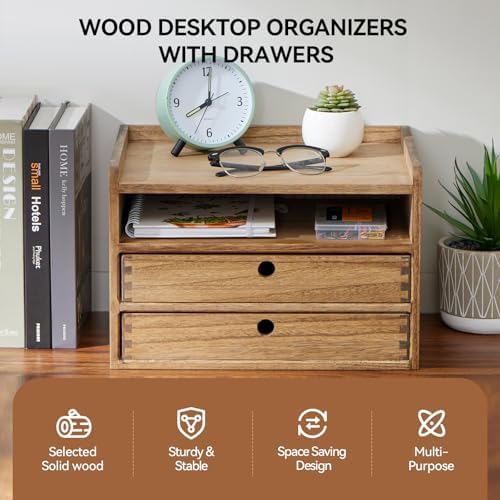 KIRIGEN Wooden Desk Organizer with 2 Drawers and Top Tray, Brown 3D2C-DBR