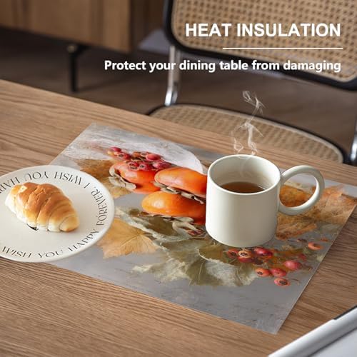 Autumn Harvest Linen Placemats, Persimmons Leaves Berries Table Mats for Table Washable Heat Insulation Thick Dining Mat, Indoor/Outdoor 12X18 in 4 Pcs