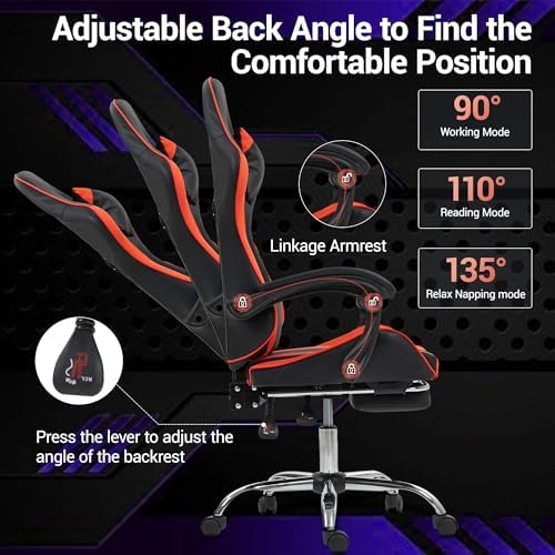 Massage Gaming Chair with Footrest，Ergonomic Video Game Chair for Adults Kids, Adjustable Headrest & Lumbar Support, 90-135° Recline, 360° Swivel, for Gaming Room Home Office Bedroom, Red
