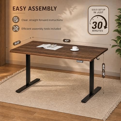 Grandder 47x32 Large Electric Standing Desk, Height Adjustable Computer Desk with 2 Memory Presets, 31.5" Deep Desktop Sit Stand Desk Home Office Desk Workstation Table with Hooks, Walnut