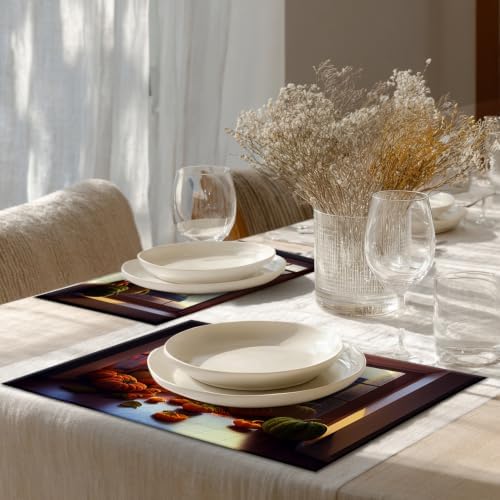 Shrahala Happy Thanksgiving Day Set of 6 12 X 18 Inch Linen Placemats, Pumpkins Floor-to-Ceiling Windows Harvest Burlap Table Mat Washable Double Layered Heat Insulation for Indoor