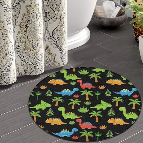 Circular Rugs Large Modern Round Area Rug Fashion Decor Mat for Home Office Cute Colorful Cartoon Dinosaurs Black, 24inch