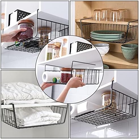 Tebery 4 Pack Black Under Shelf Wire Basket, Hanging Storage Baskets Under Cabinet Add-on Storage Racks, Slide-in Baskets Organizer for Kitchen Pantry Desk Bookshelf