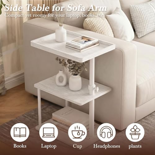 Faesun C Table End Table Adjustable Height, 360°Swivel TV Tray Table for Small Spaces, Small Nightstand for Living Room, Bedroom, White