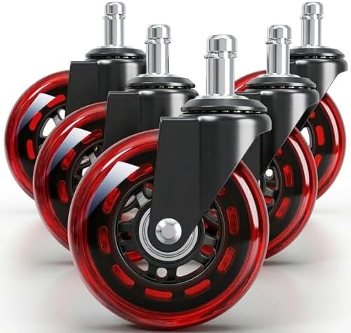 3" Office Chair Wheels for Casters Replacement Set of 5 - Office Caster Wheels for Carpet,Computer Chair Wheels,Smooth & Mute for Hardwood Floors and Mats. (Red Transparent)