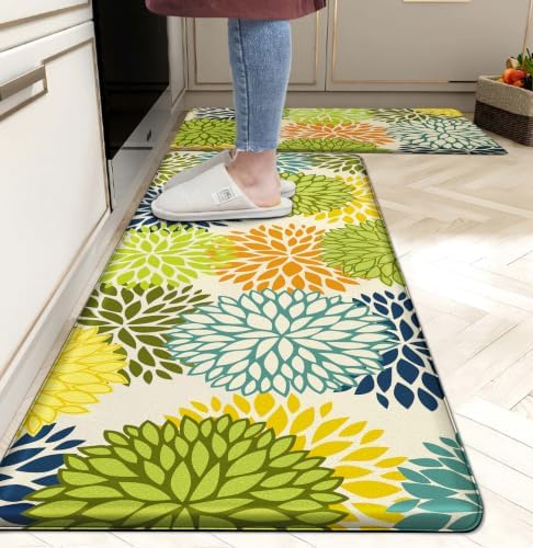 Kitchen Mats Set of 2 Cushioned Anti Fatigue Kitchen Rugs Mats Non Slip Waterproof Kitchen Runner Memory Foam Floor Mat Comfort Standing Mat for Sink,Office,Laundry, Multi Green