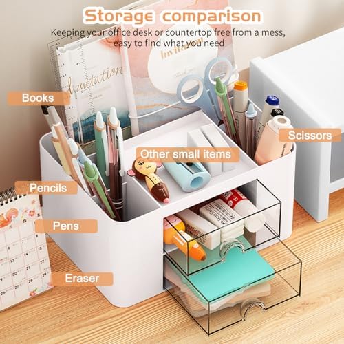 Cayxenful Pencil Pen Holder for Desk,2 Drawer Desk Organizers,5 Compartments Desktop Storage Stationery Supplies Organizer, Cute Pencil Cup Pot For Office, School, Home(White)