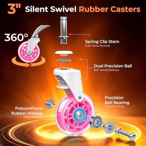 Office Chair Wheels for Casters Replacement - 3" Rubber Wheels for Computer Gaming Desk Caster Smooth & Safe Rolling for All Floors Including Hardwood and Carpet - Set of 5 - Pink