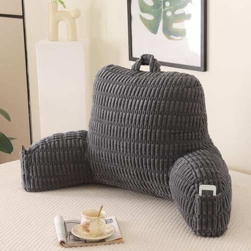 Reading Pillow for Sitting in Bed with Arm,Gray Corduroy,M