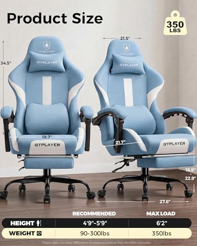 LUCKRACER Big and Tall Gaming Chair, 350Lbs Heavy Duty Office Chairs High Back Computer Chairs with Foot Rest Wide Cushion Lumbar Support Desk Chair Comfy for Adults Breathable Fabric, Blue
