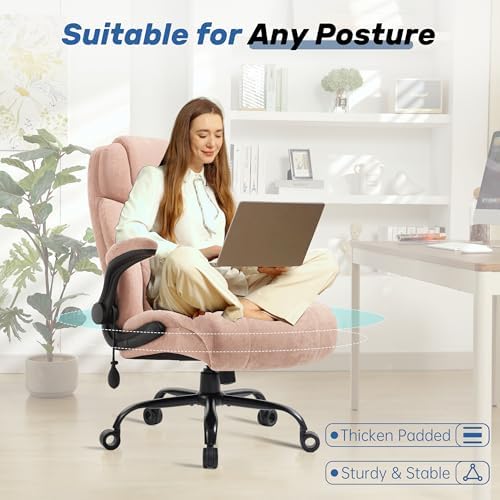 550LBS Big and Tall Office Chair, Comfy Heavy Duty Executive Chair with Adjustable Lumbar Support Double Spaces Casters, Fabric Extra Wide Seat Ergonomic Computer Desk Chair for Back Pain,Pinkcloth