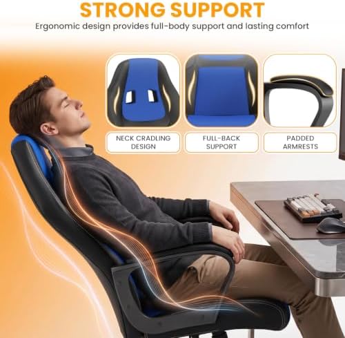Ergonomic Office Chair Cheap Desk Chair PC Gaming Chair Rolling PU Leather Swivel Chair Executive Computer Chair Lumbar Support for Women, Men(Blue)