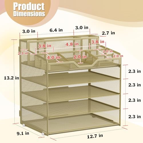 Docnest 5 Tier Mesh Desk Organizer with Letter Tray & Paper Sorter, Gold