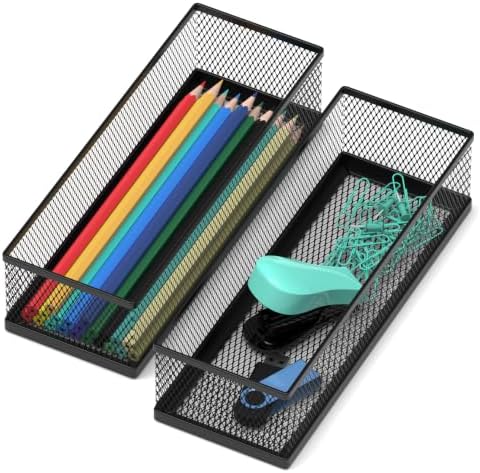 2 Pack Drawer Organizer for Desk, Small Office Supplies Pen Pencil holder, Metal Mesh Desktop Storage Trays for Office, Kitchen, Makeup, Vanity