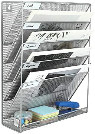 EasyPAG 5 Tier Wall File Holder, Mesh Hanging Folder Organizer with Classify Label, Versatile Desk File Holder, Vertical Wall Mounted Mail Organizer for Office Home Cubicle, Silver