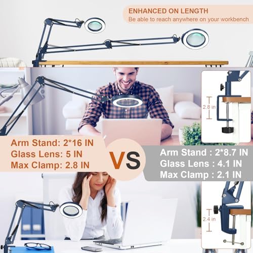 Veemagni 5 Inch Large Real Glass Magnifying Glass with Light and Stand, 5 Color Modes Stepless Dimmable, 2 * 16 Inch Swivel Arm LED Clamp Desk Lamp, Hands Free 15X Lighted Magnifier for Crafting-Blue