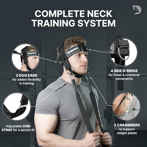 DMoose Fitness Neck Harness for Weight Lifting - Soft Padded Head & Chin Strap with 30" Heavy Duty Steel Chain - Neck Exerciser, Trainer & Strengthener to Support Injury Recovery and Intense Workouts